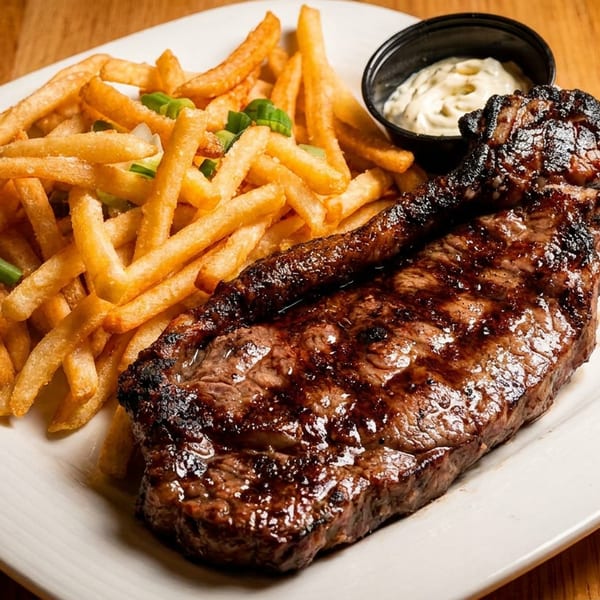 Seared steak with crispy fries, green onions, and a creamy dipping sauce on a white plate.