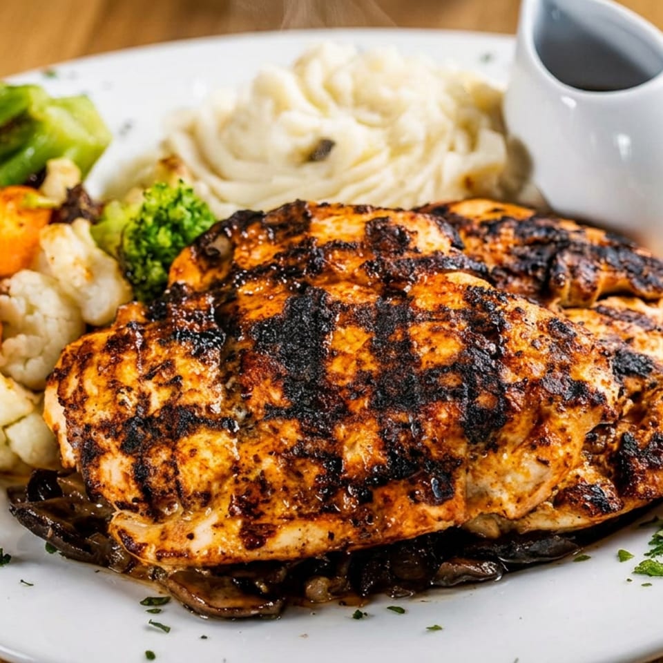 Charred grilled chicken breasts served with mashed potatoes, roasted vegetables, and gravy.