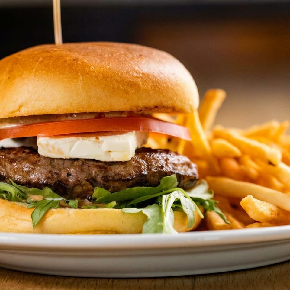 Gourmet burger with feta, tomato, and arugula, served with golden french fries on a white plate.