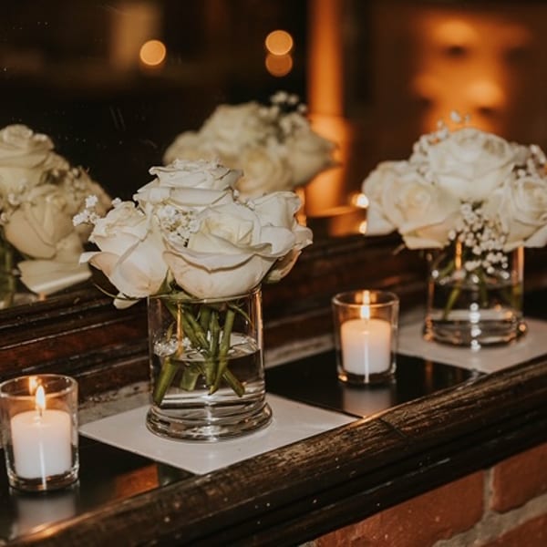 White rose bouquets and lit candles adorn a dark wooden bar with a brick base.