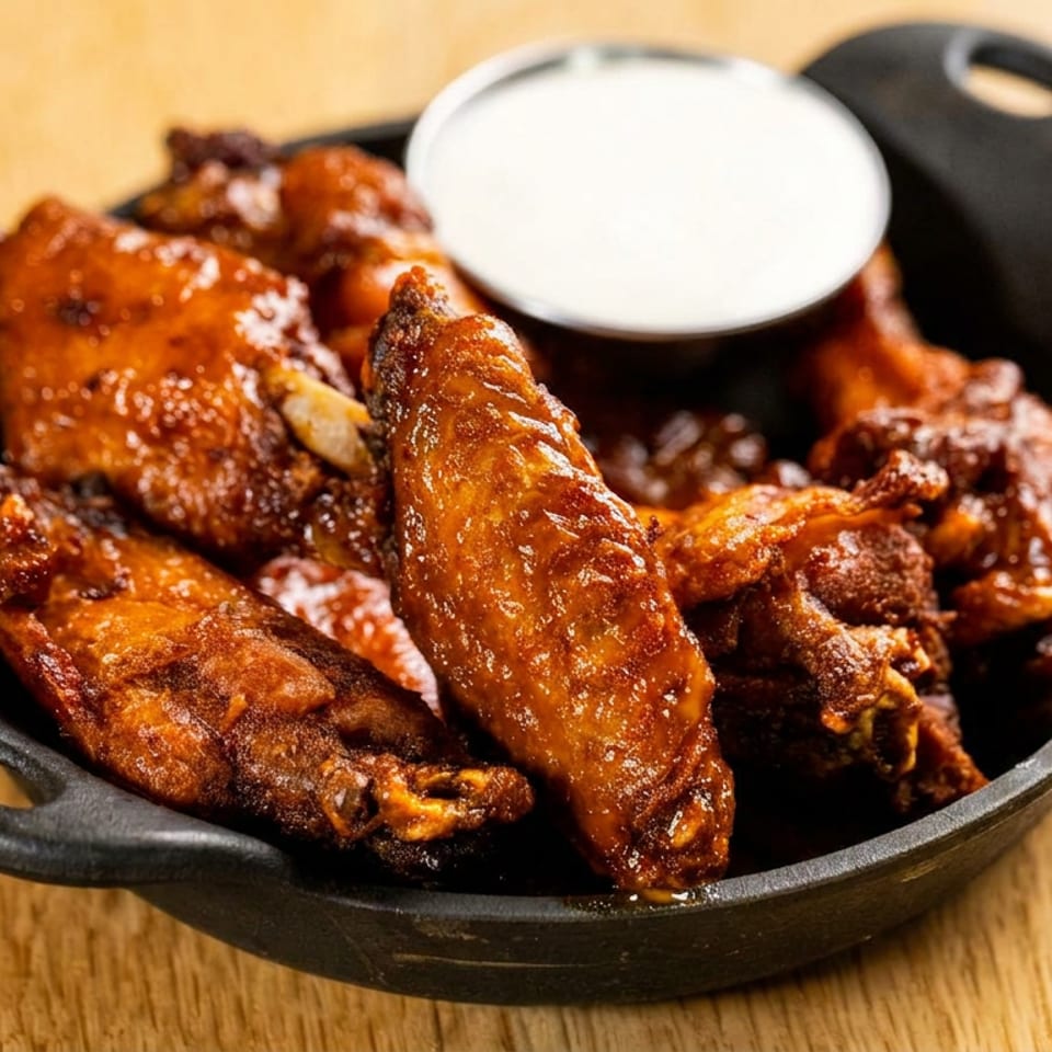 A black skillet filled with glistening glazed chicken wings and a small cup of white dipping sauce.