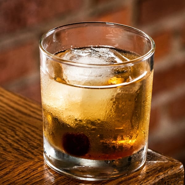 Old Fashioned cocktail with ice and a cherry on a wooden bar with a brick wall.